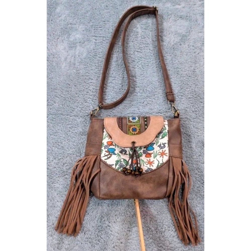 Xiaoshanli Crossbody Bag Brown Boho Fringe Embroidered Floral Mushroom Western